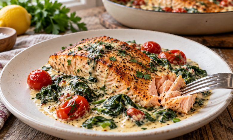 Pan-seared salmon in creamy garlic herb spinach sauce with cherry tomatoes on a white plate