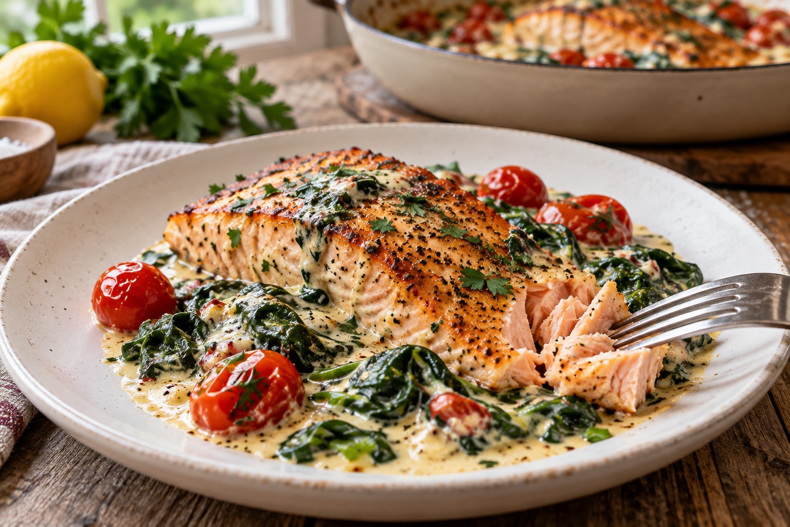 Pan-seared salmon in creamy garlic herb spinach sauce with cherry tomatoes on a white plate