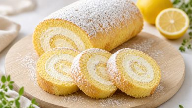 Double Lemon Roll Cake with powdered sugar and sliced spiral pieces