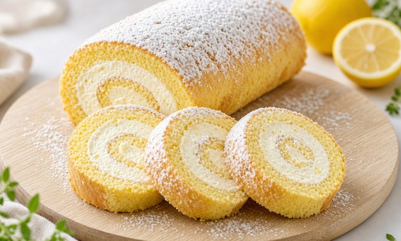 Double Lemon Roll Cake with powdered sugar and sliced spiral pieces