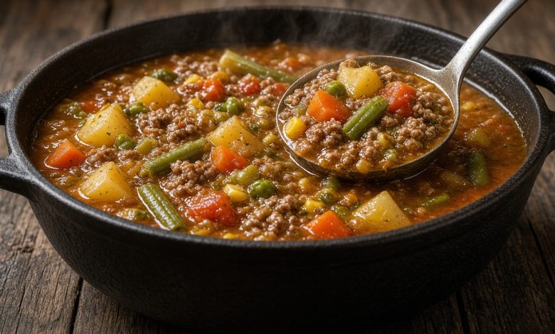 Pot of hearty Hobo Stew with ground beef, potatoes, carrots, and corn