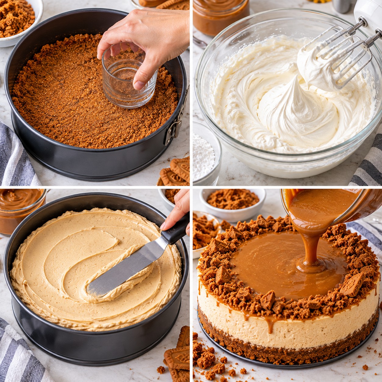 Step-by-step photos of making no-bake cookie butter cheesecake