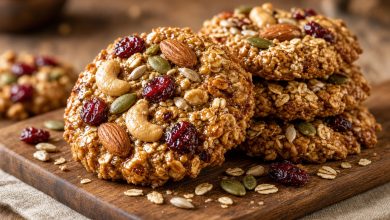 Stack of nut and seed granola cookies with oats, pumpkin seeds, and cranberries