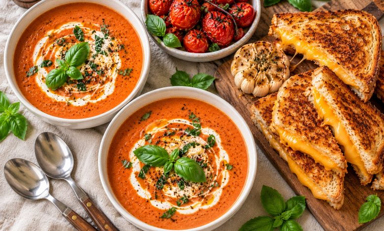 Roasted tomato soup with basil and a grilled cheese sandwich