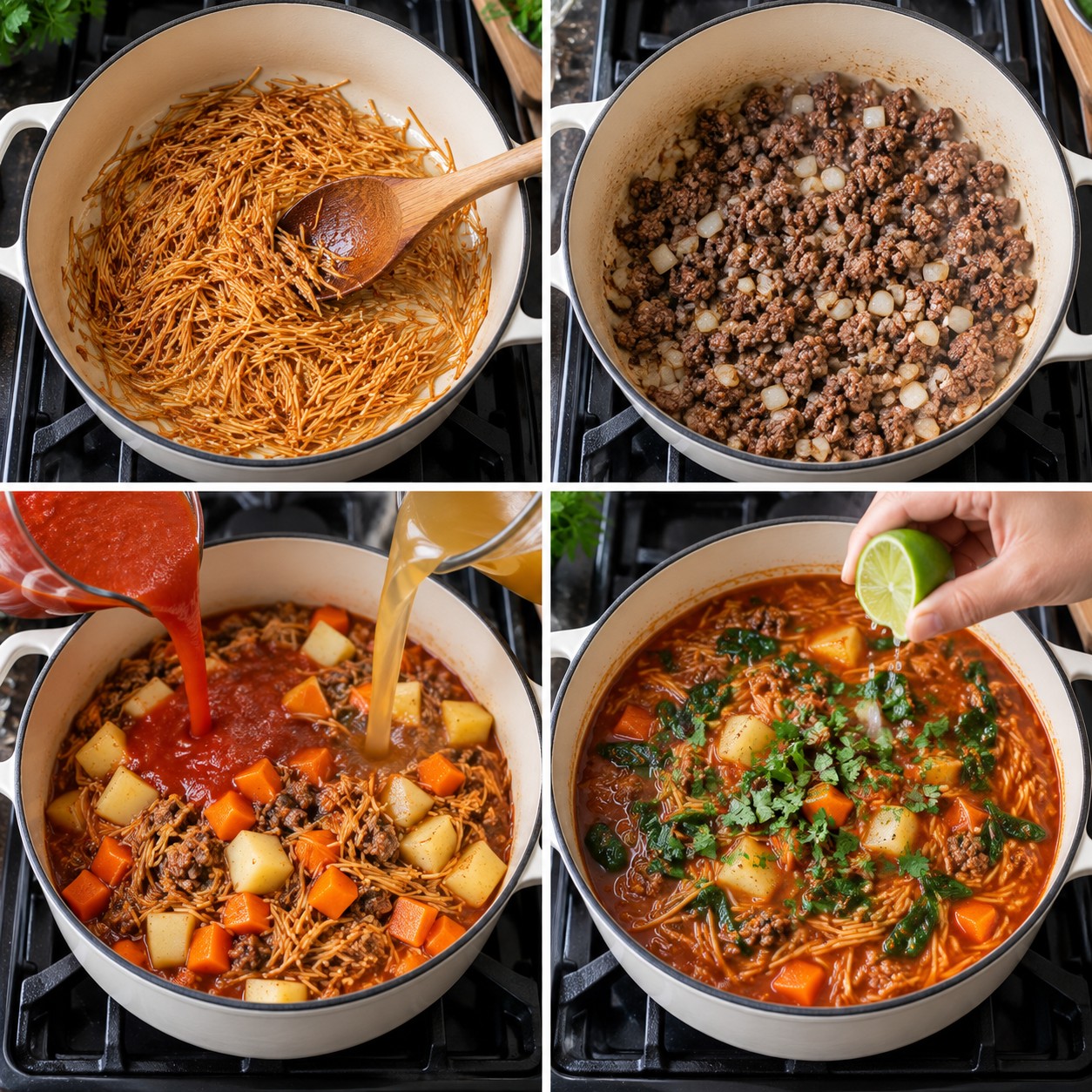 Step-by-step photos of making sopa de fideo