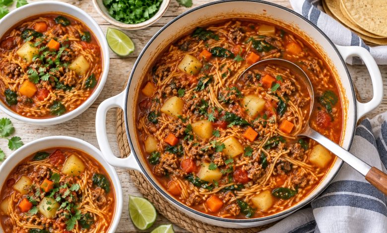Sopa de fideo with ground beef, potatoes, carrots and spinach in a tomato broth