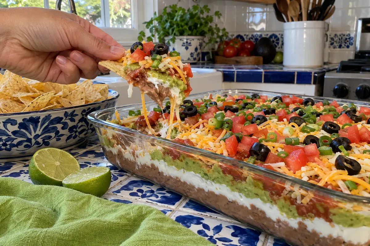 Tortilla chip scooping through all the layers of 7 layer dip