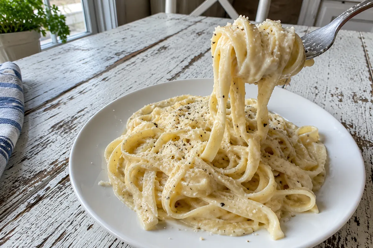 Fork twirling creamy fettuccine alfredo from a plate with sauce clinging to the noodles