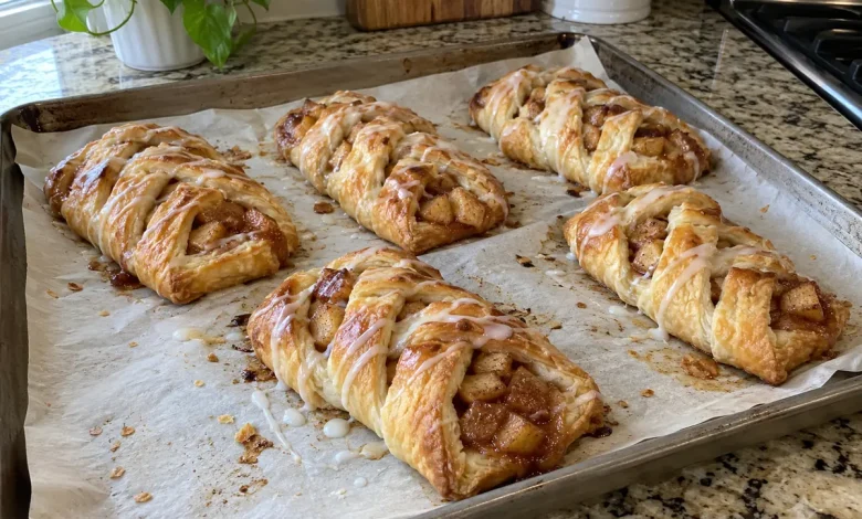Golden braided apple cinnamon danish pastries on a parchment-lined baking sheet with white glaze and apple filling