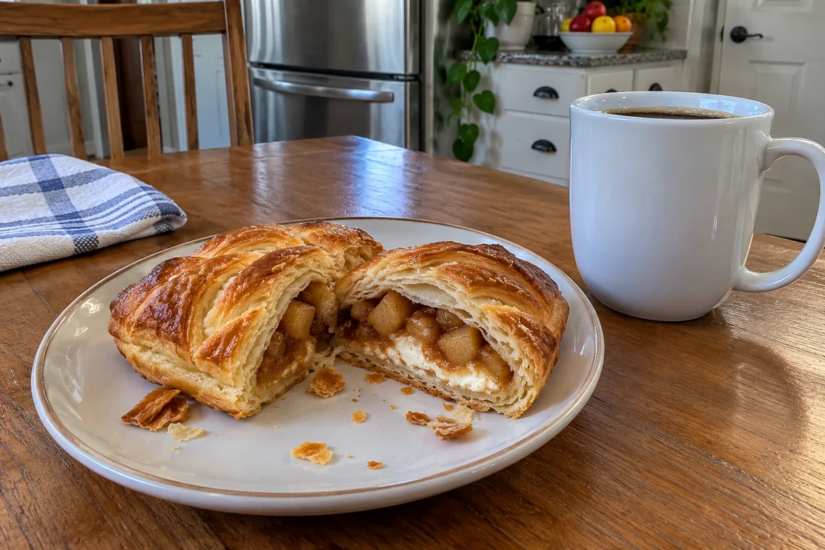 An apple cinnamon danish cut open on a plate to show the apple filling and cream cheese, with a cup of coffee