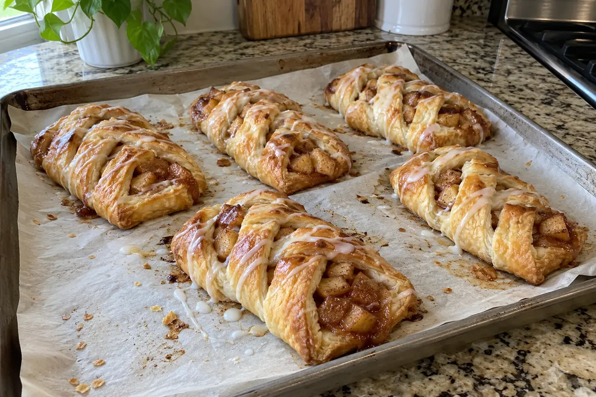 Golden braided apple cinnamon danish pastries on a parchment-lined baking sheet with white glaze and apple filling
