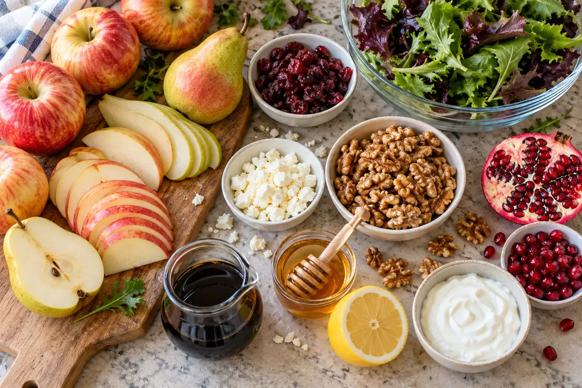 Ingredients for apple pear cranberry salad laid out on a counter: apples, pears, cranberries, greens, feta, walnuts and pomegranate