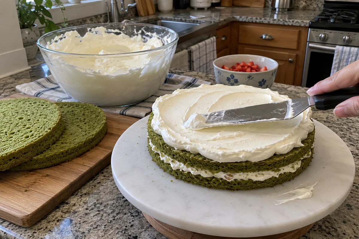 Spreading whipped cream on a matcha sponge layer while assembling the cake