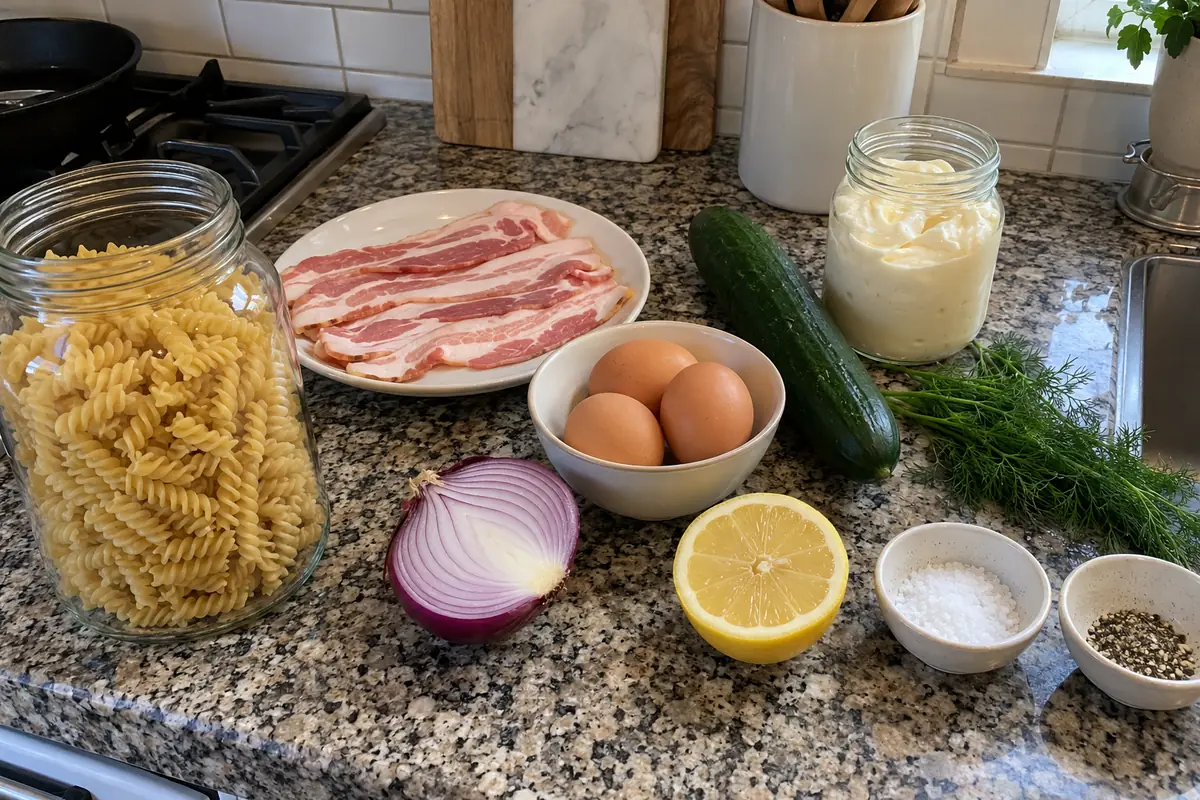 Ingredients for bacon and egg pasta salad: rotini pasta, bacon, cucumber, eggs, red onion, fresh dill, mayonnaise and lemon