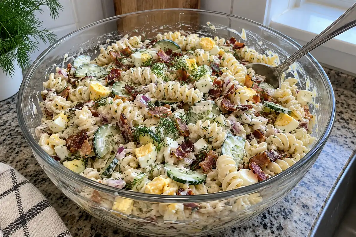 Big glass bowl of loaded bacon and egg pasta salad with rotini, cucumber, chopped egg, red onion and fresh dill
