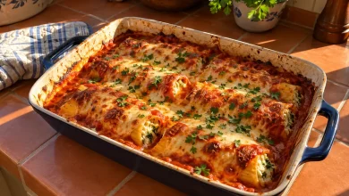 Baking dish of baked cheese manicotti in marinara sauce with bubbly golden melted mozzarella and fresh parsley
