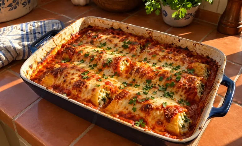 Baking dish of baked cheese manicotti in marinara sauce with bubbly golden melted mozzarella and fresh parsley
