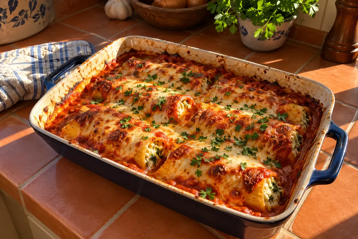 Baking dish of baked cheese manicotti in marinara sauce with bubbly golden melted mozzarella and fresh parsley