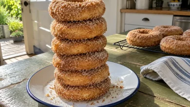 Stack of baked cinnamon sugar donuts with a thick sparkly cinnamon sugar coating on a plate