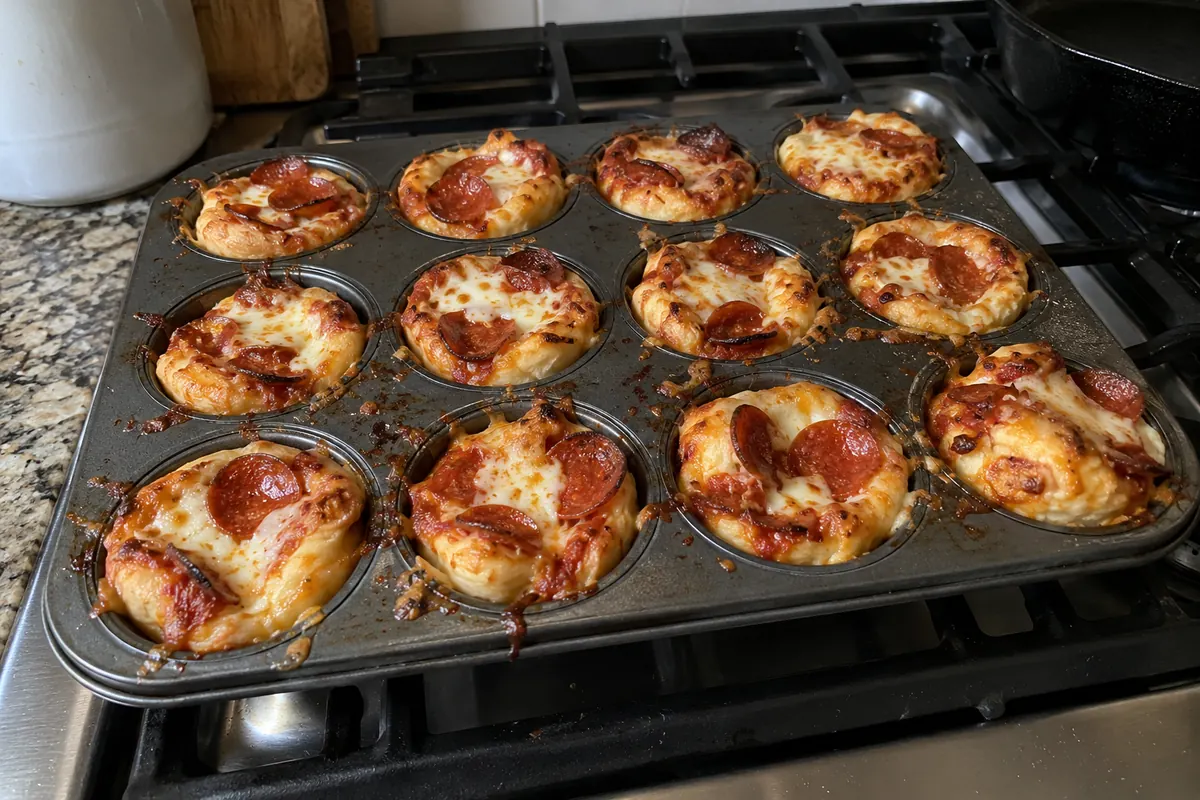 Muffin tin of freshly baked biscuit dough pizza bites with bubbly cheese and pepperoni