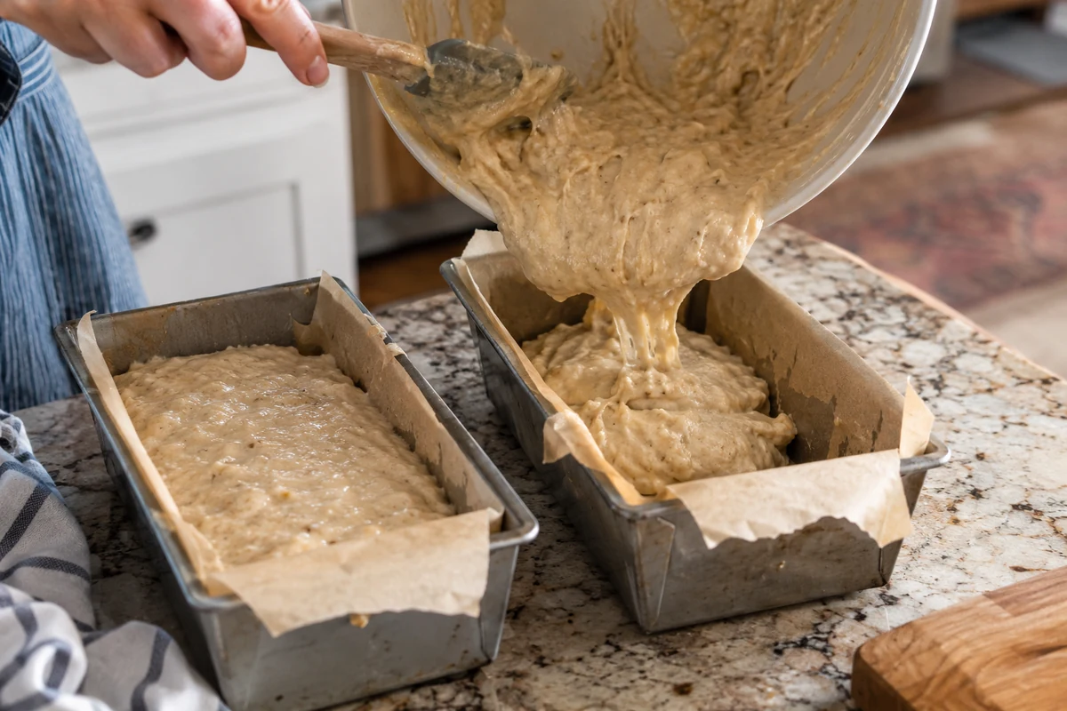Banana bread batter poured into two 8x4 loaf pans on a counter