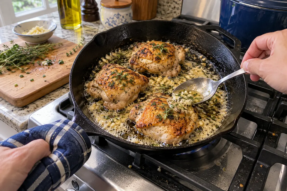 Basting seared chicken thighs with foaming garlic thyme butter in a cast-iron skillet