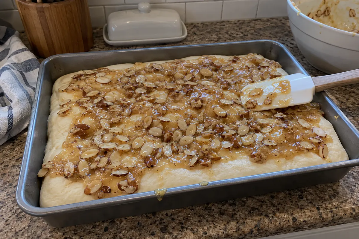 Spreading honey-almond topping over risen dough in a 9x13 pan before baking