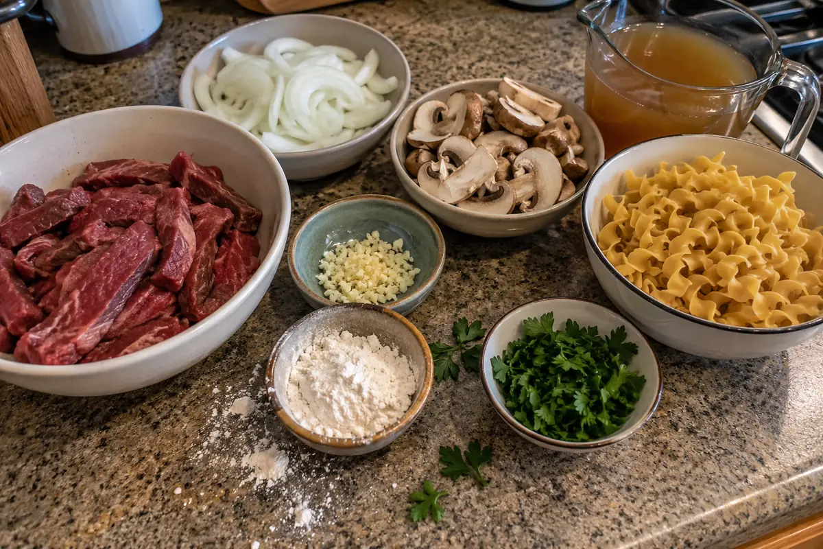 Ingredients for beef and noodles on a kitchen counter in plain bowls: steak strips, sliced onion, mushrooms, garlic, broth, egg noodles and parsley