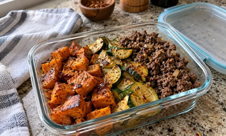 A beef sweet potato bowl in a clear glass meal-prep container with roasted sweet potato cubes, zucchini slices, browned ground beef and a honey drizzle