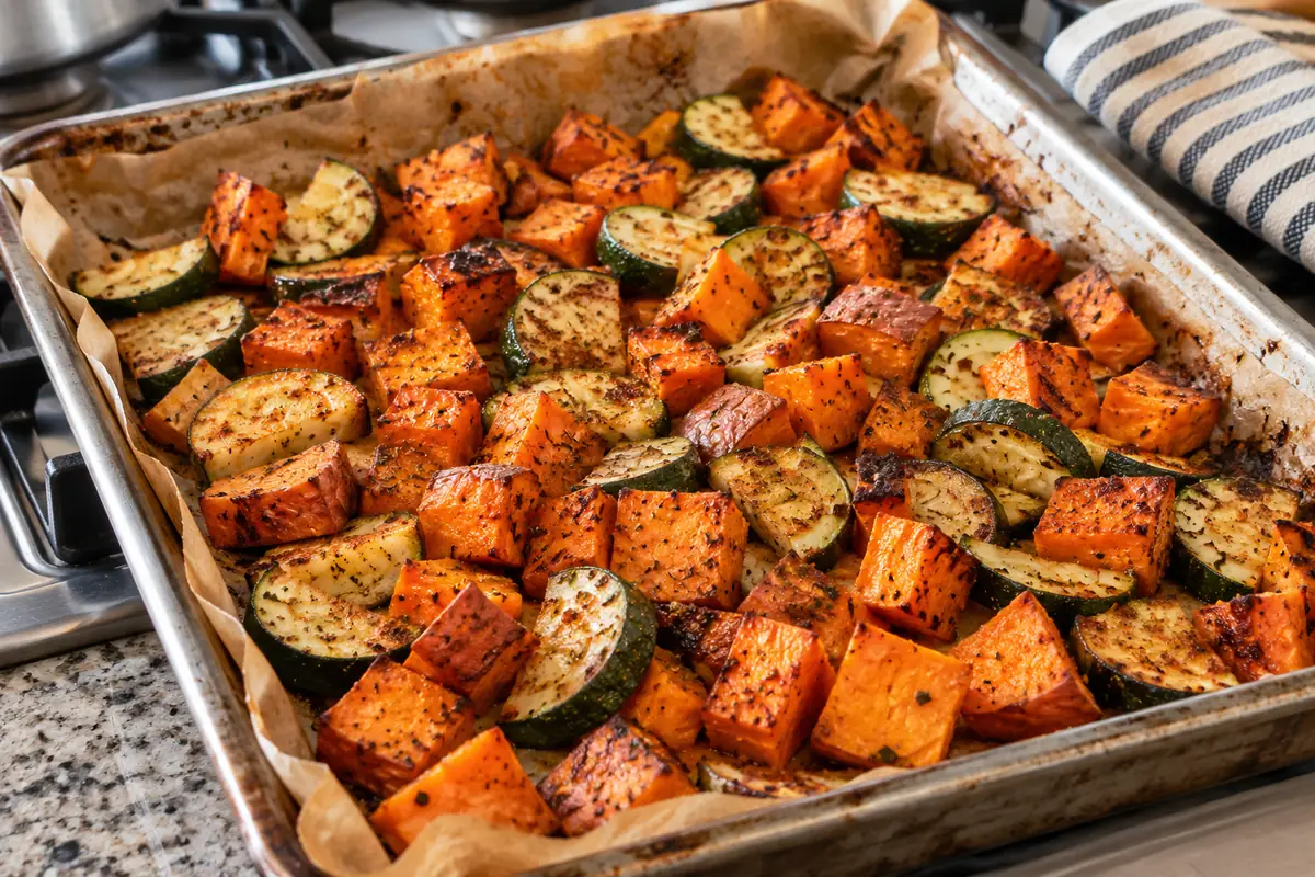 Sheet pan of roasted sweet potato cubes and zucchini slices with golden browned edges, ready for beef sweet potato bowls