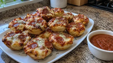 White platter piled with golden biscuit dough pizza bites topped with melted cheese and pepperoni next to a small bowl of pizza sauce