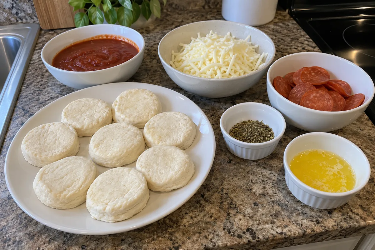 Ingredients for biscuit dough pizza bites: biscuit dough rounds on a plate with bowls of pizza sauce, mozzarella, pepperoni, Italian seasoning and melted butter