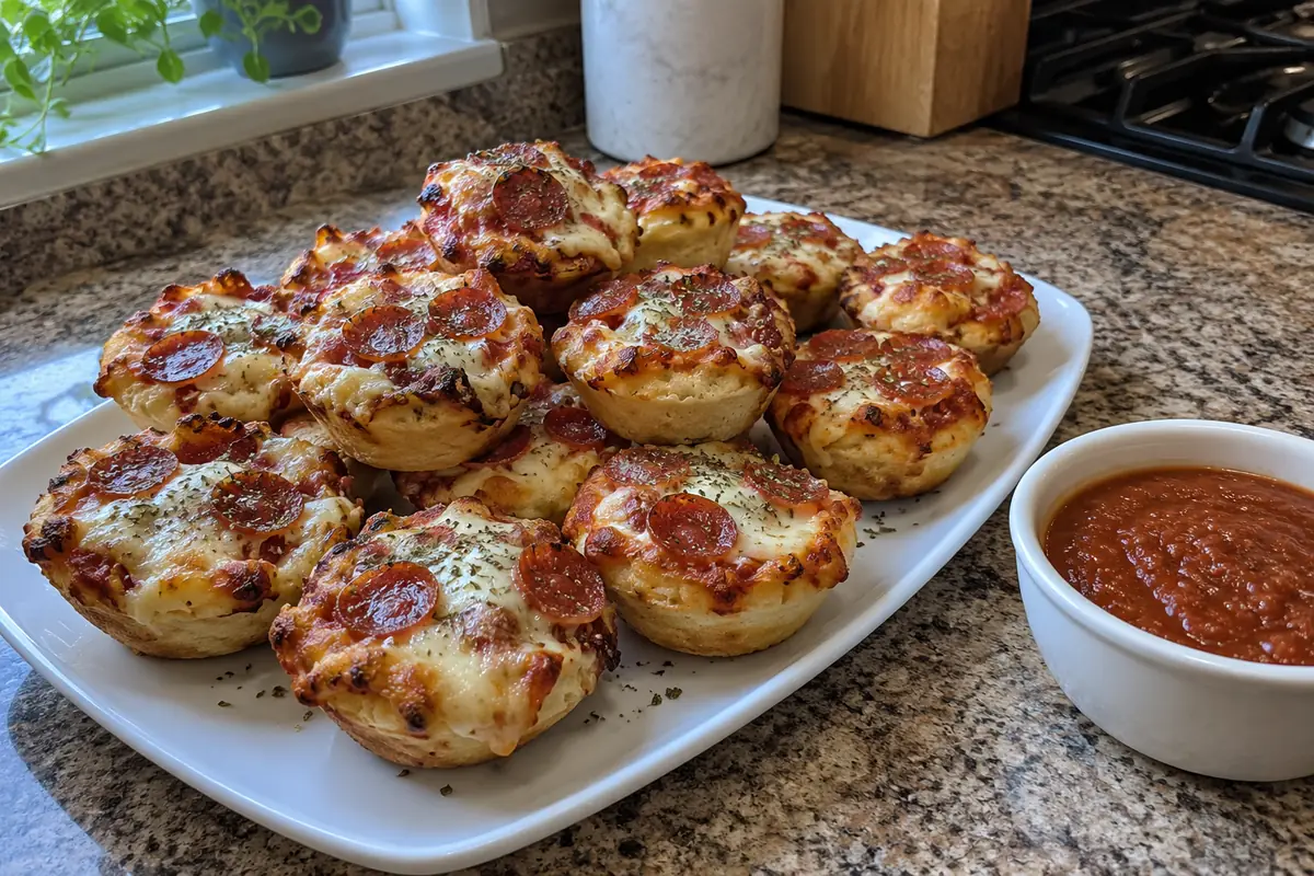 White platter piled with golden biscuit dough pizza bites topped with melted cheese and pepperoni next to a small bowl of pizza sauce