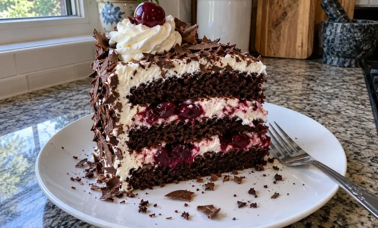 Slice of black forest cake on a white plate showing chocolate sponge layers, whipped cream and sour cherries with chocolate shavings on top
