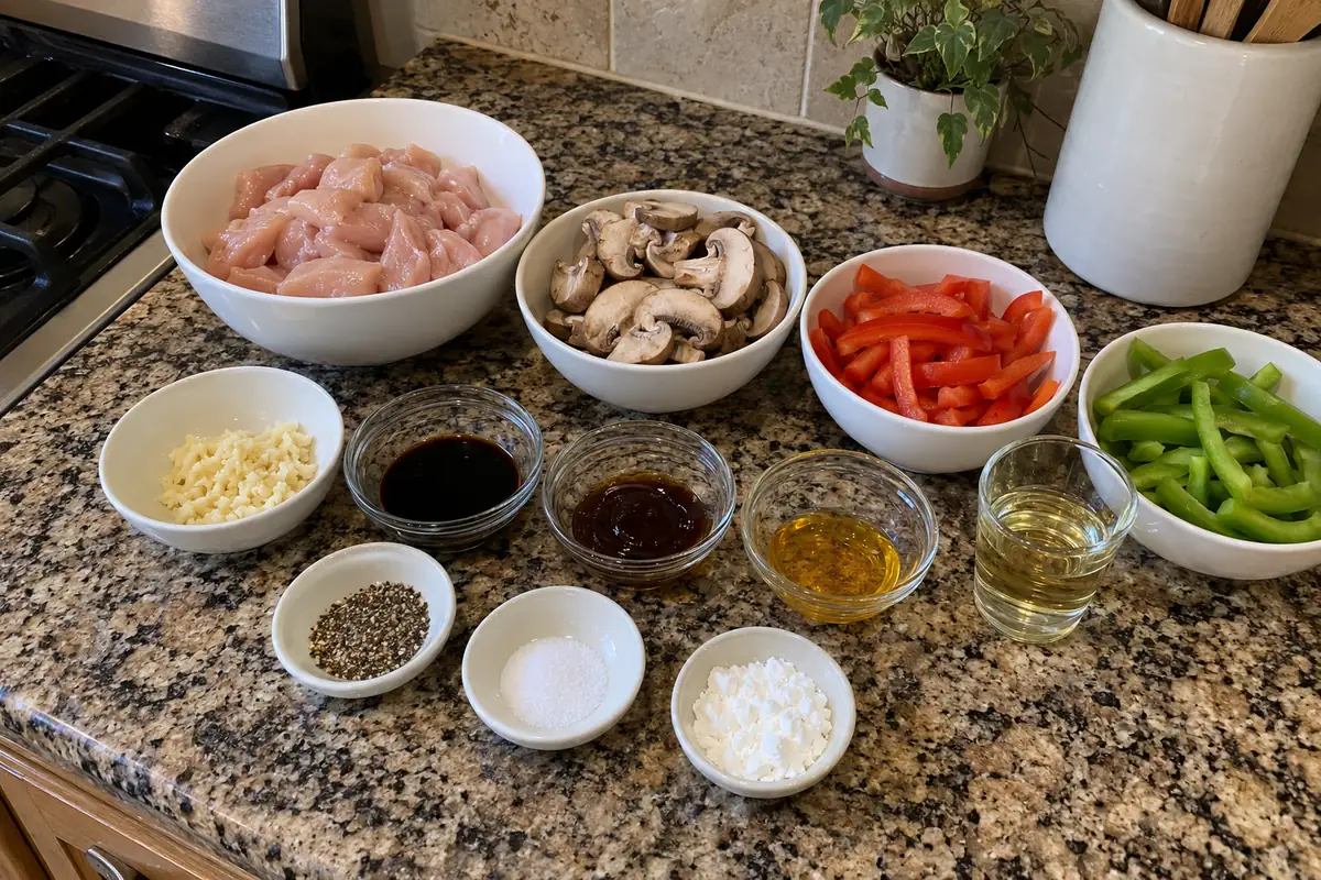 Ingredients for black pepper chicken and mushrooms in plain unlabeled bowls and small dishes