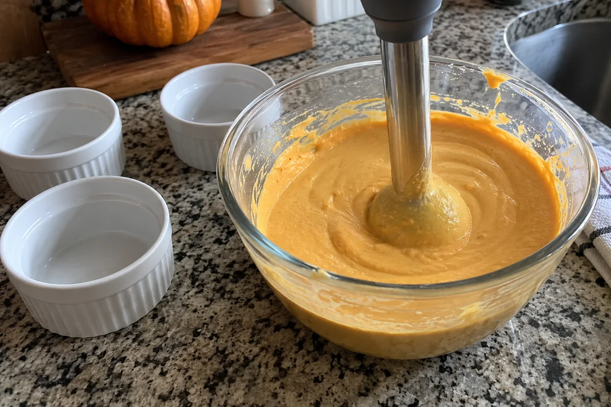 Blending pumpkin cottage cheese cheesecake mixture in a glass bowl with an immersion blender