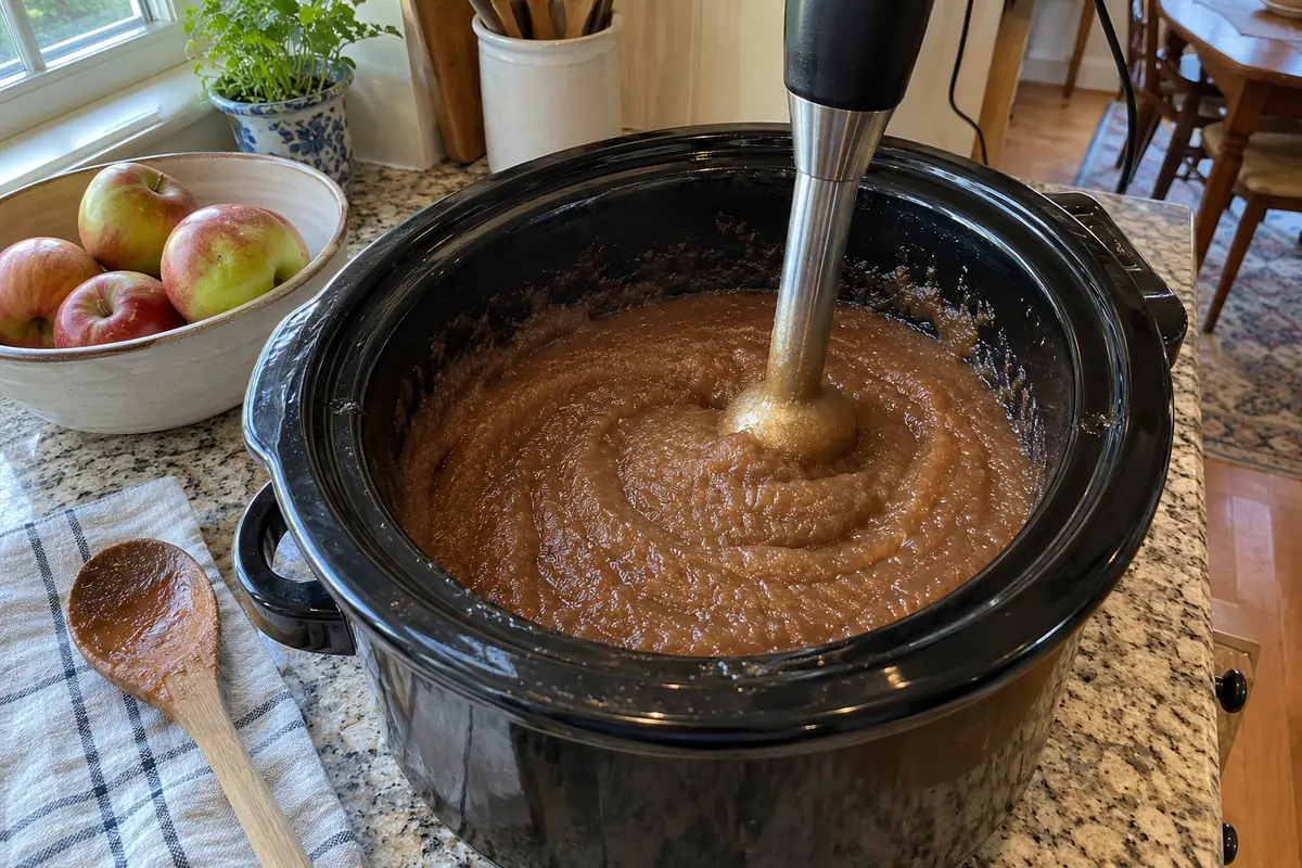 Immersion blender pureeing cooked apples into smooth apple butter in a black slow cooker