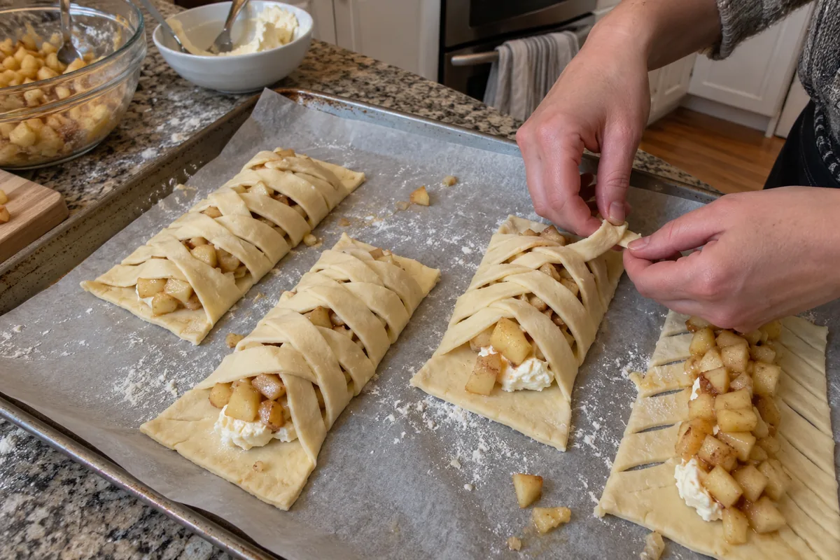 Hands folding diagonal dough strips over apple and cream cheese filling to braid the danish