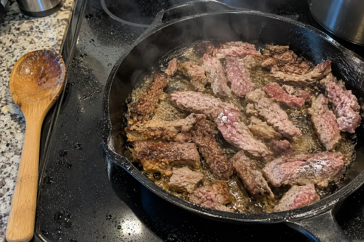 Steak strips browning in a skillet for beef and noodles