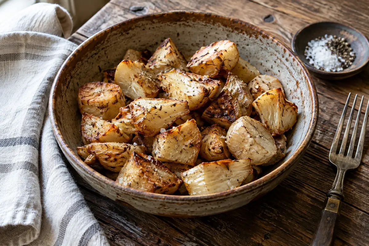 Rustic bowl of buttered roasted thistle root pieces on a wooden table