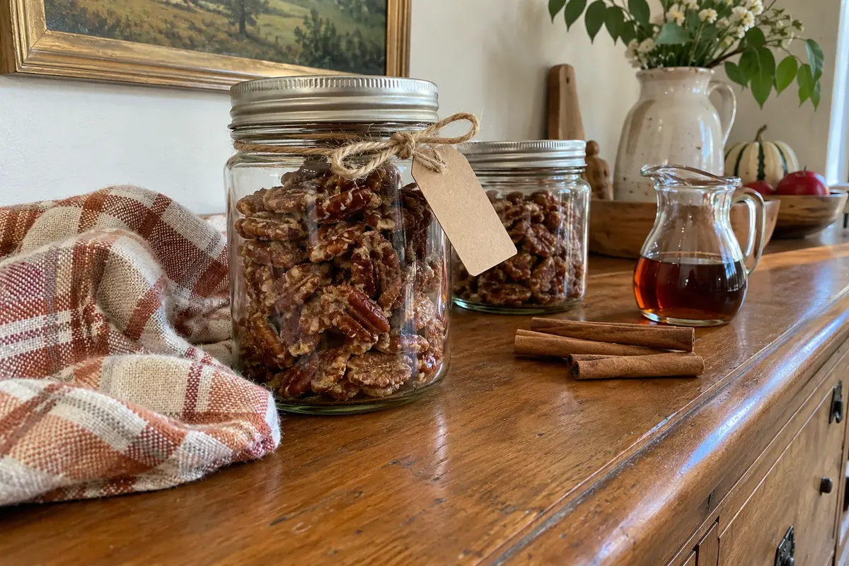 Maple vanilla candied pecans packed in a glass jar as a homemade gift