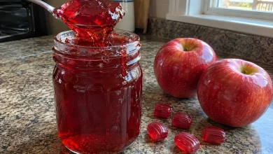 Jar of glossy red candy apple jelly with a spoon on a kitchen counter next to fresh red apples