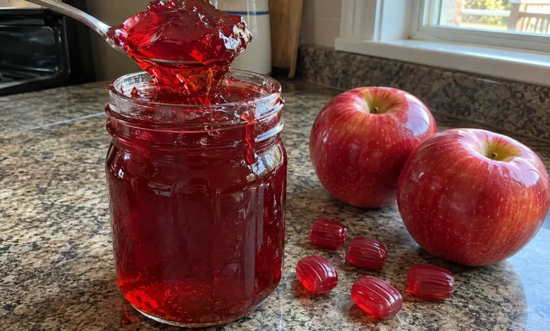 Jar of glossy red candy apple jelly with a spoon on a kitchen counter next to fresh red apples