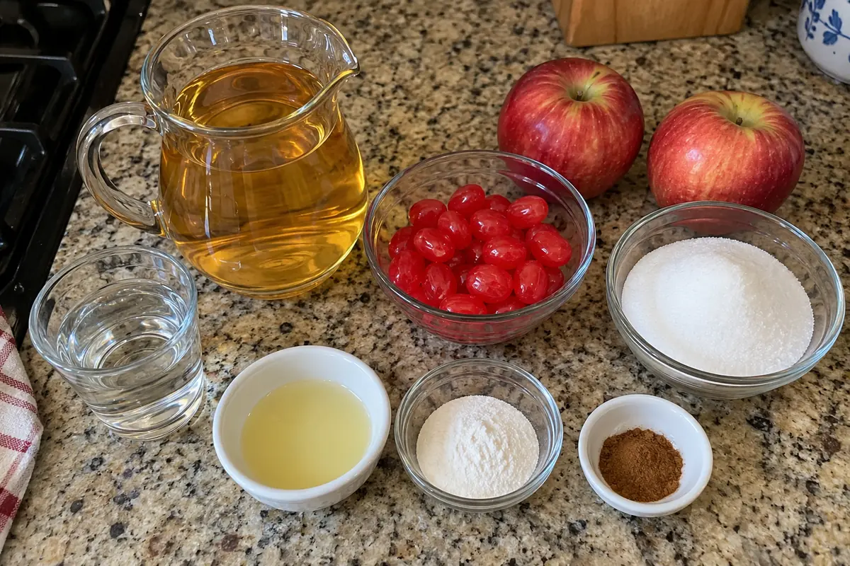 Ingredients for candy apple jelly: apple juice, red cinnamon candies, sugar, lemon juice, pectin and ground cinnamon