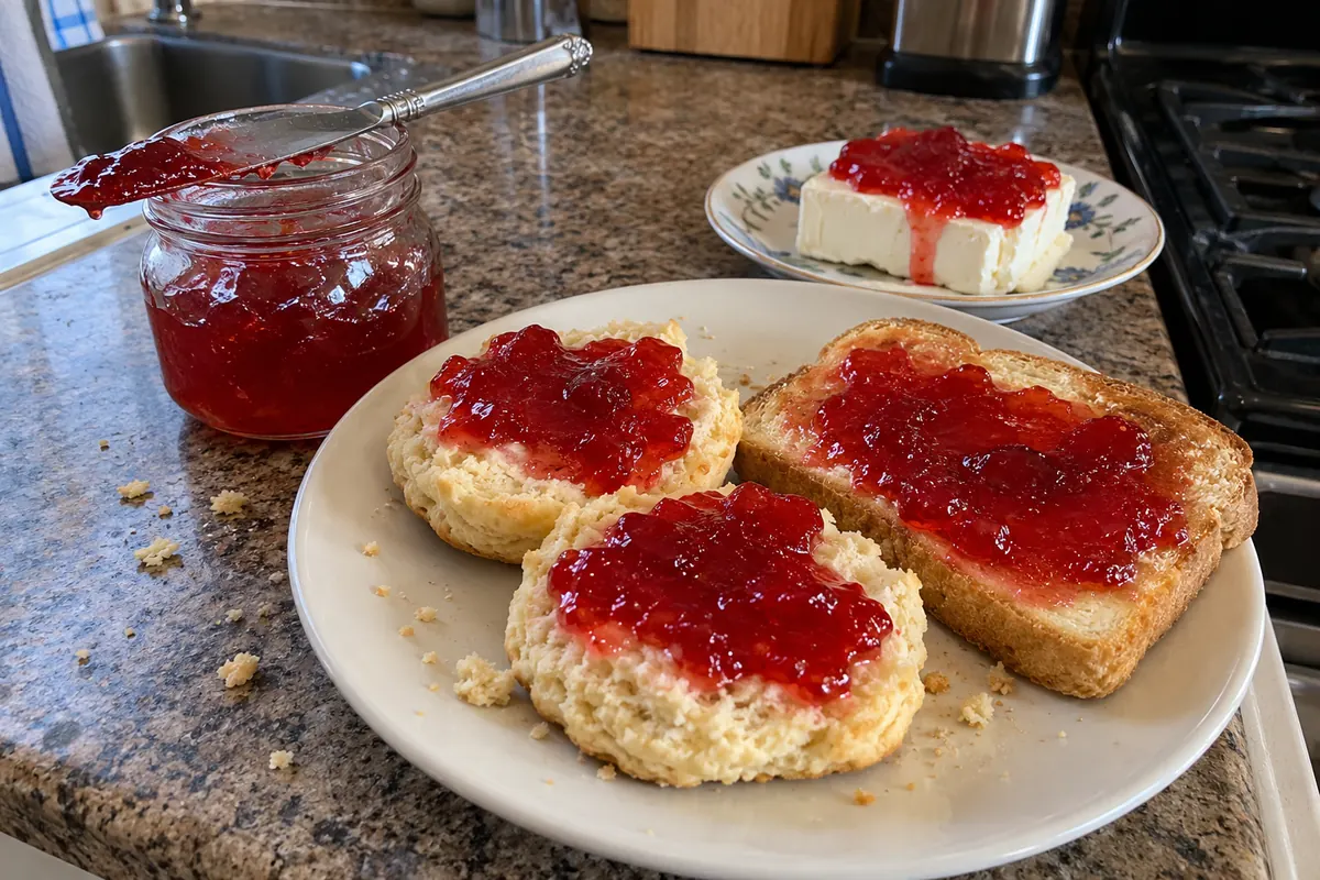 Candy apple jelly spread on warm buttered biscuits and toast on a plate