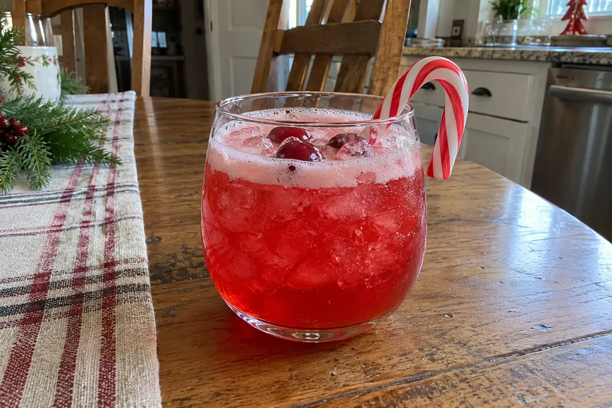 Glass of bright red candy cane Christmas punch over crushed ice with a frothy top and a candy cane hooked on the rim