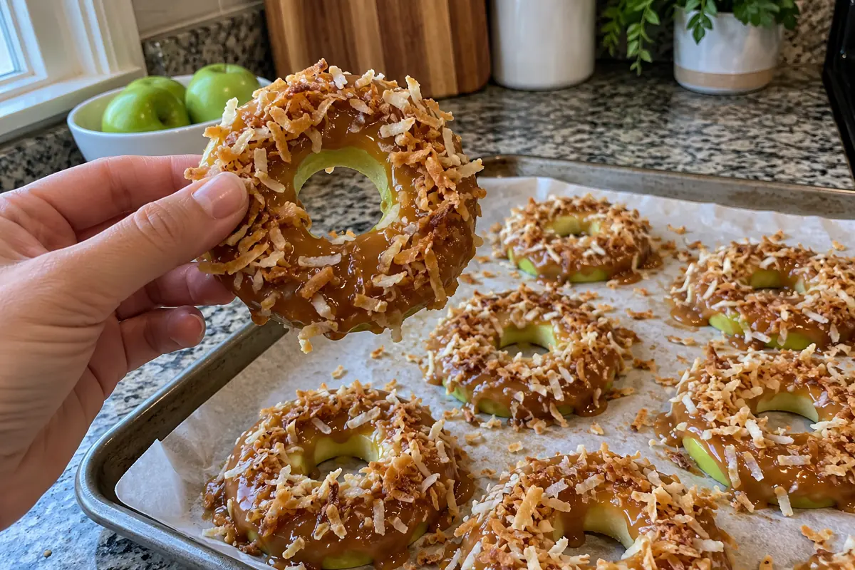 A hand lifting one caramel apple ring to show the green apple center