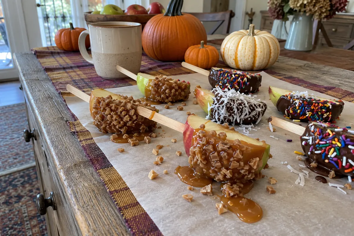 Apple slices on sticks dipped in caramel and chocolate and rolled in toffee bits, sprinkles and coconut