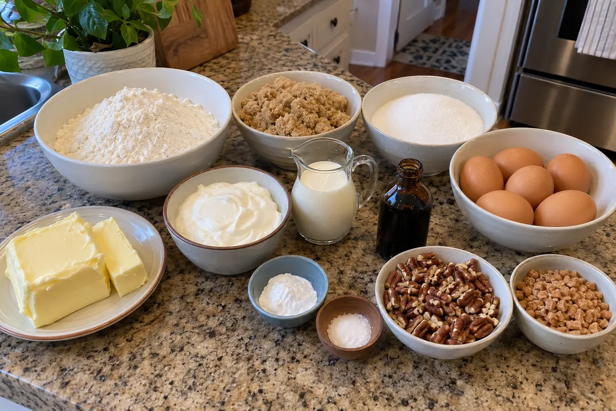 Ingredients for caramel brown sugar pound cake: butter, light brown sugar, granulated sugar, eggs, flour, sour cream, vanilla, pecans, toffee bits, heavy cream, baking powder and salt