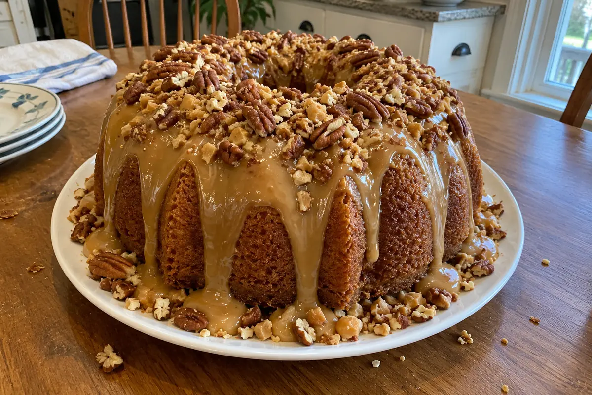 Whole caramel brown sugar pound cake on a white cake plate with caramel glaze dripping down the sides and loaded with chopped pecans and toffee bits